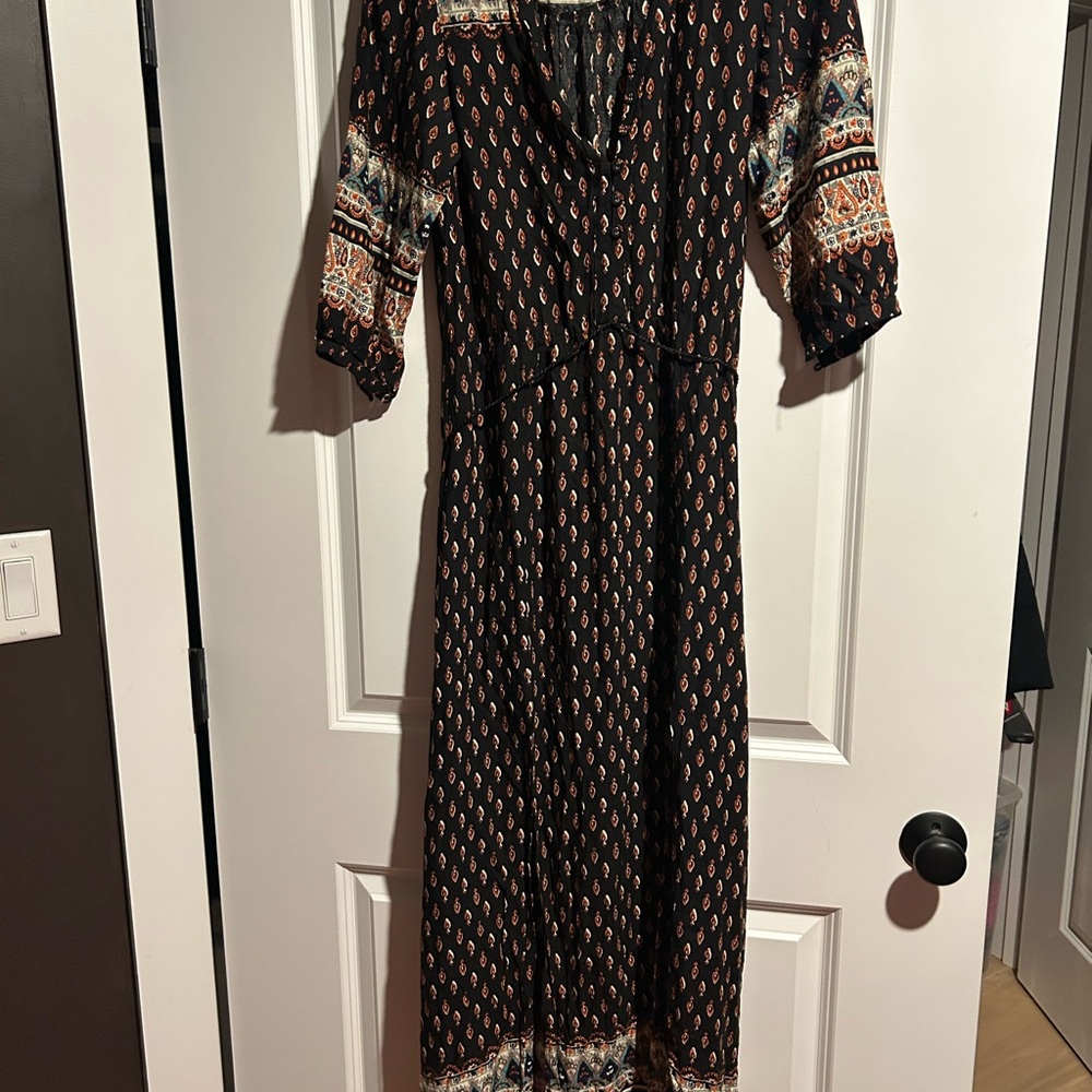 Bohemian Revolver Wild Heart Black and Orange Maxi Dress side slits medium